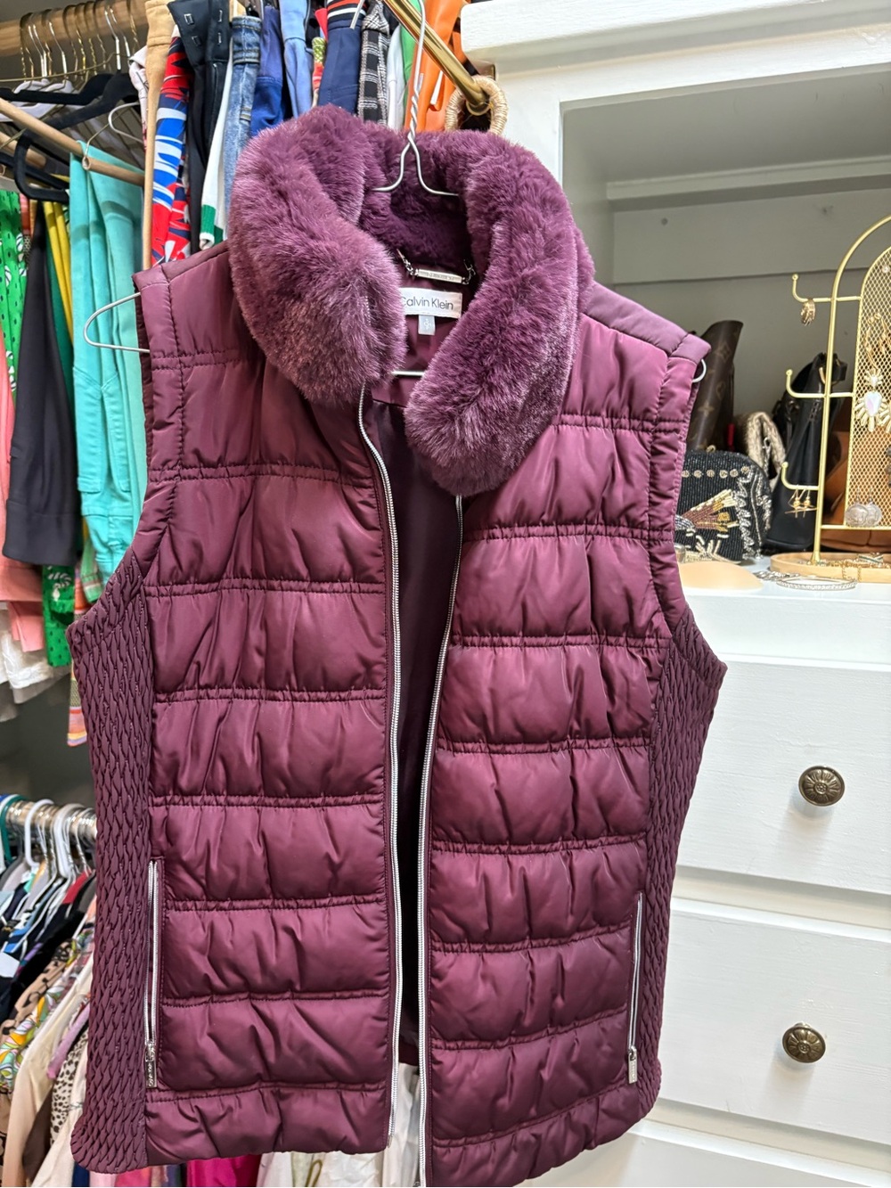 Calvin Klein Quilted Faux-Fur Collar Vest - Plum
